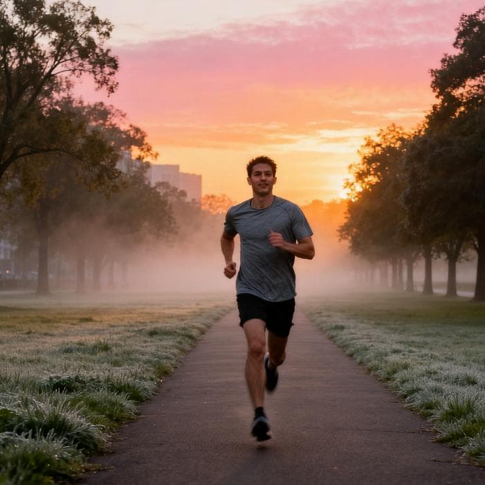 runner in gray running shirt jogging thr...(1)