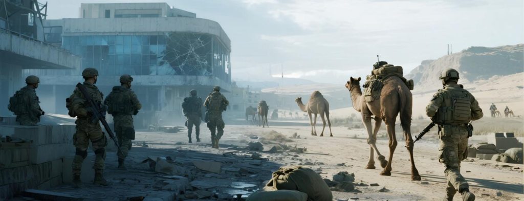 split scene showing urban combat zone wi...(1)