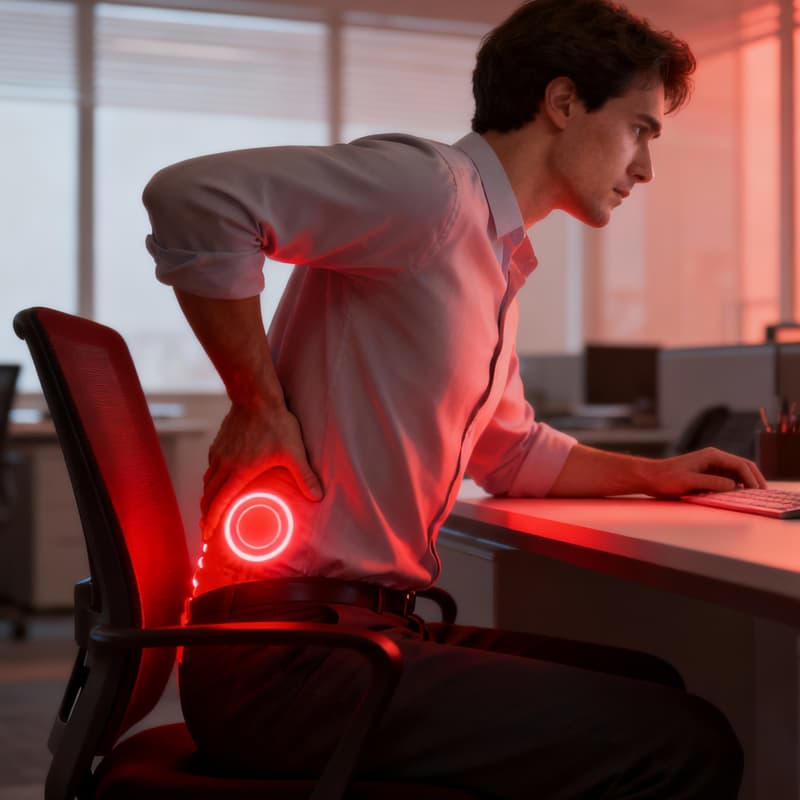 person sitting at desk holding lower bac...