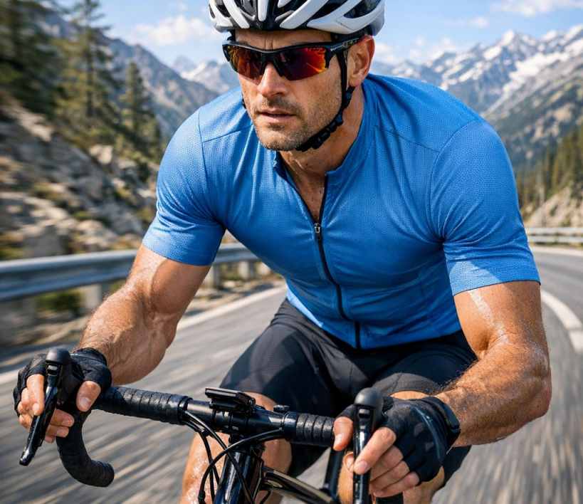 Cyclist on mountain road wearing IcSnow® cooling jersey