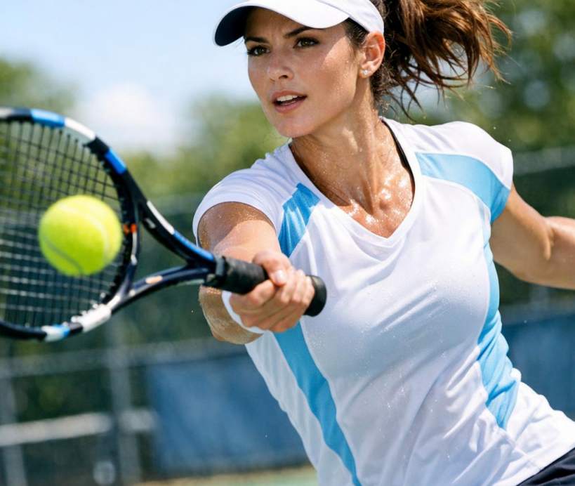 Tennis player outdoors wearing IcSnow® cooling sportswear