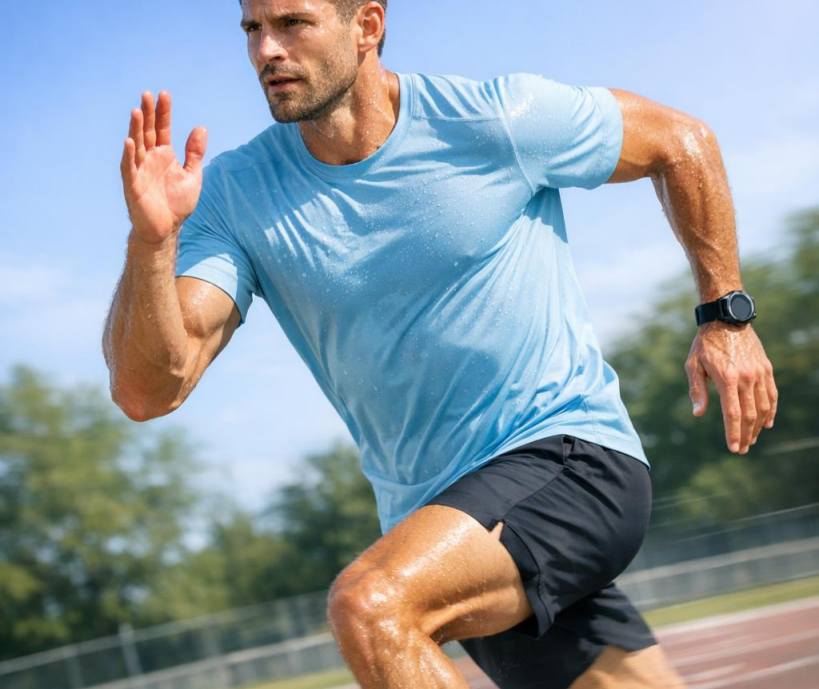 Runner in summer heat wearing IcSnow® dual-action cooling shirt