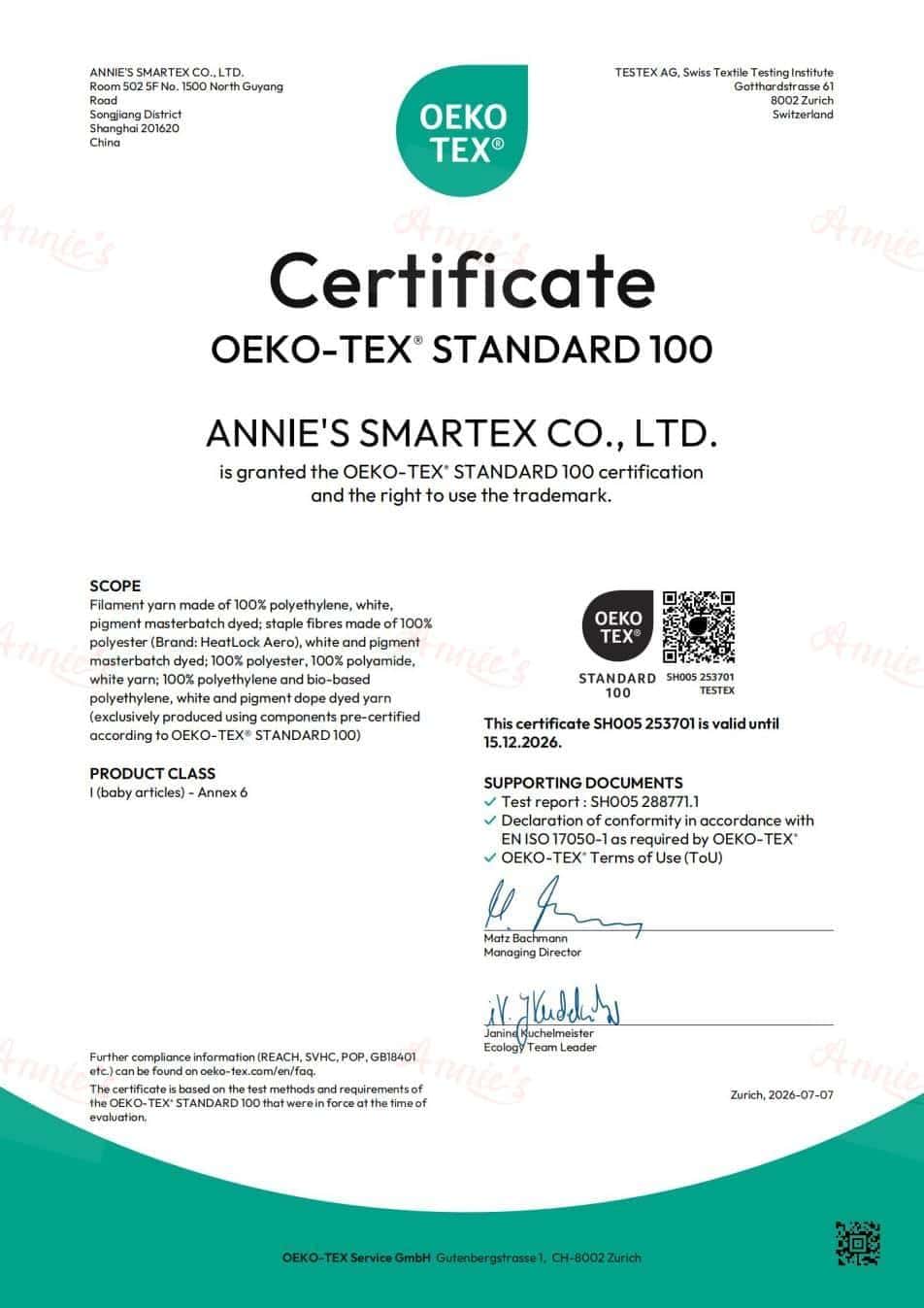 Annie's Smartex OEKO-TEX Standard 100 Certificate 2026