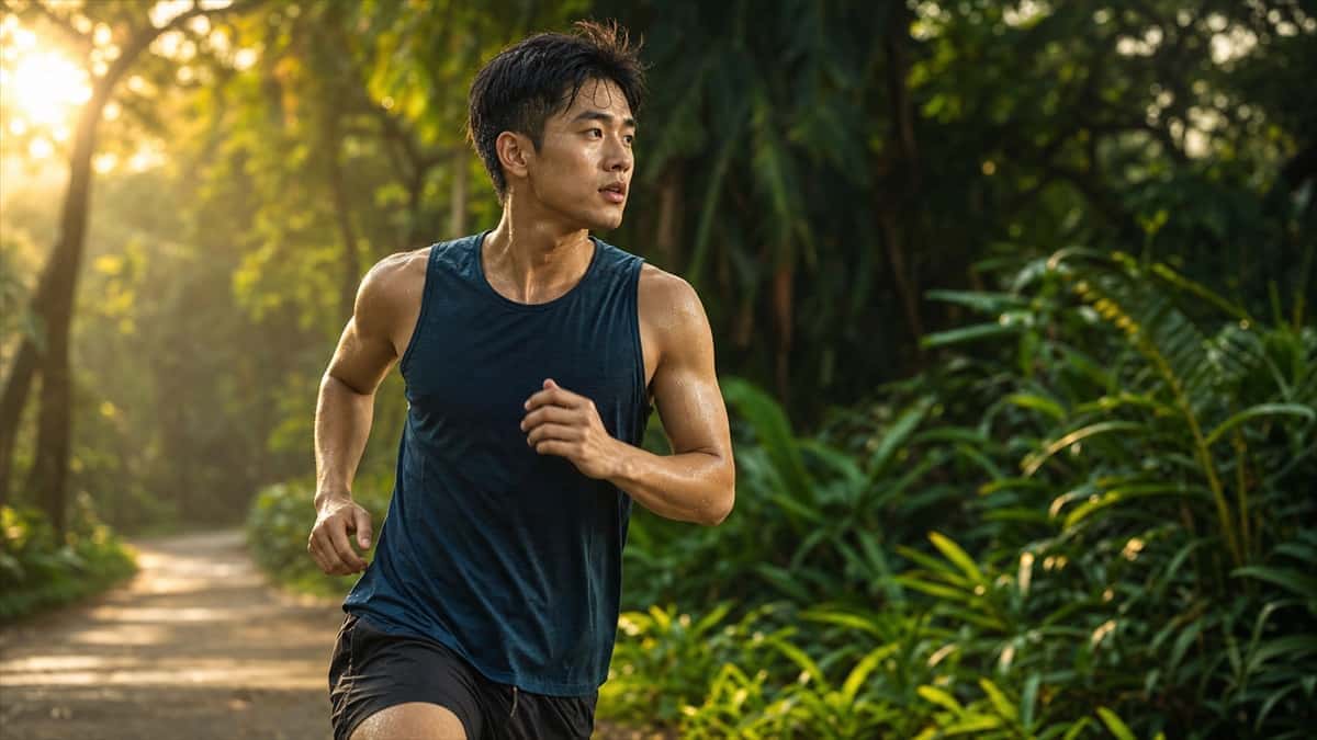 asian-athlete-tropical-park-golden-hour