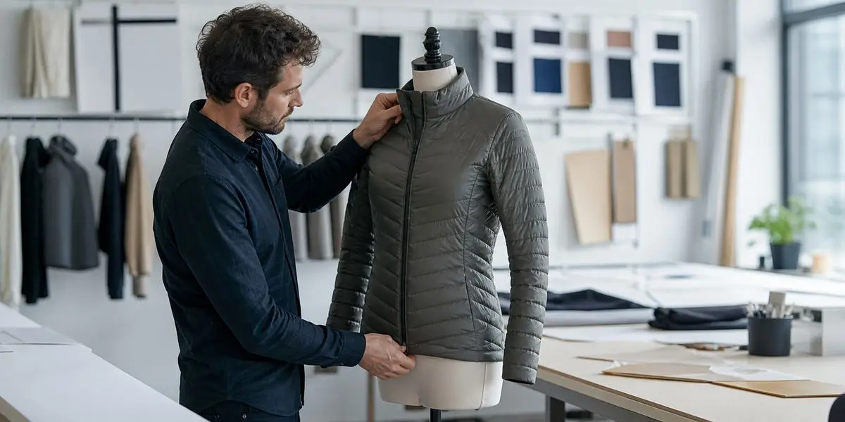 Apparel developer examining a lightweight aerogel-insulated winter jacket prototype