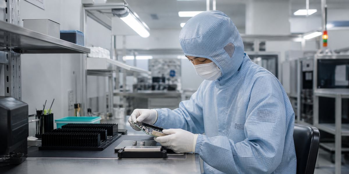 Technician wearing an anti-static cleanroom garment while handling electronics