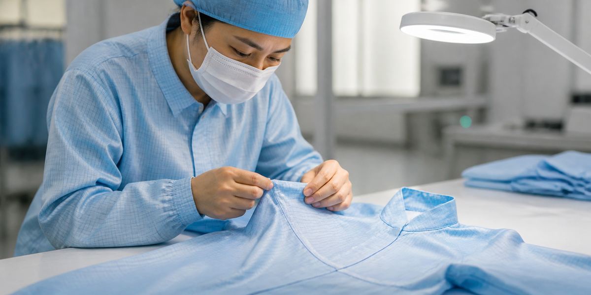 Inspector checking seams and conductive-grid fabric on a cleanroom garment