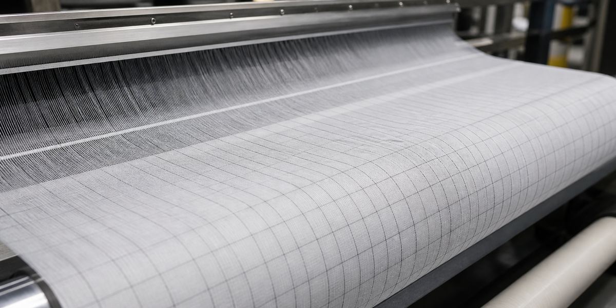 Conductive yarn woven as a subtle grid in pale workwear fabric
