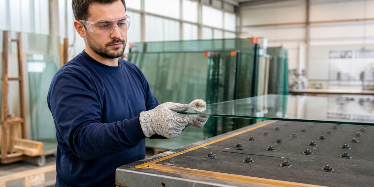Glass fabrication worker handling a glass panel with cut-resistant knitted gloves