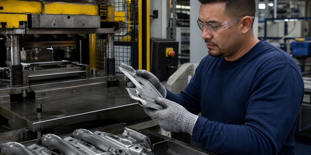 Metal stamping worker handling a sharp-edged steel part with cut-resistant gloves