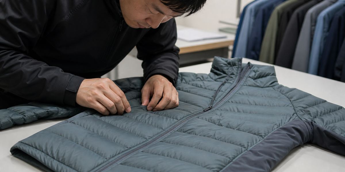 Un inspecteur vérifie le matelassage et la répartition du rembourrage d'une veste d'hiver légère.