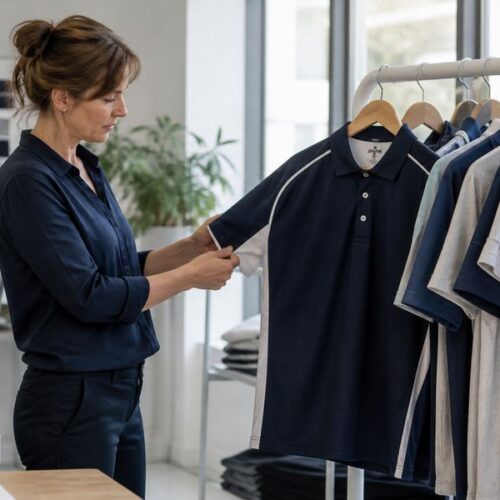 Un concepteur de v&ecirc;tements examine des prototypes de polos d'uniformes de sport scolaire.