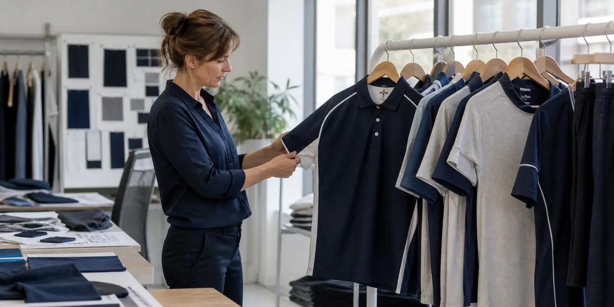 Garment developer reviewing school sports uniform polo prototypes