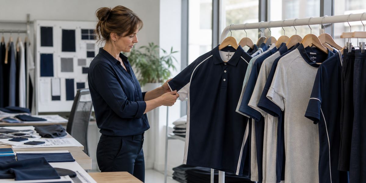 Garment developer reviewing school sports uniform polo prototypes
