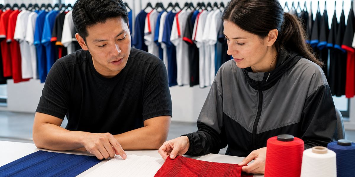 Sourcing manager and knit technician reviewing soccer jersey fabric samples