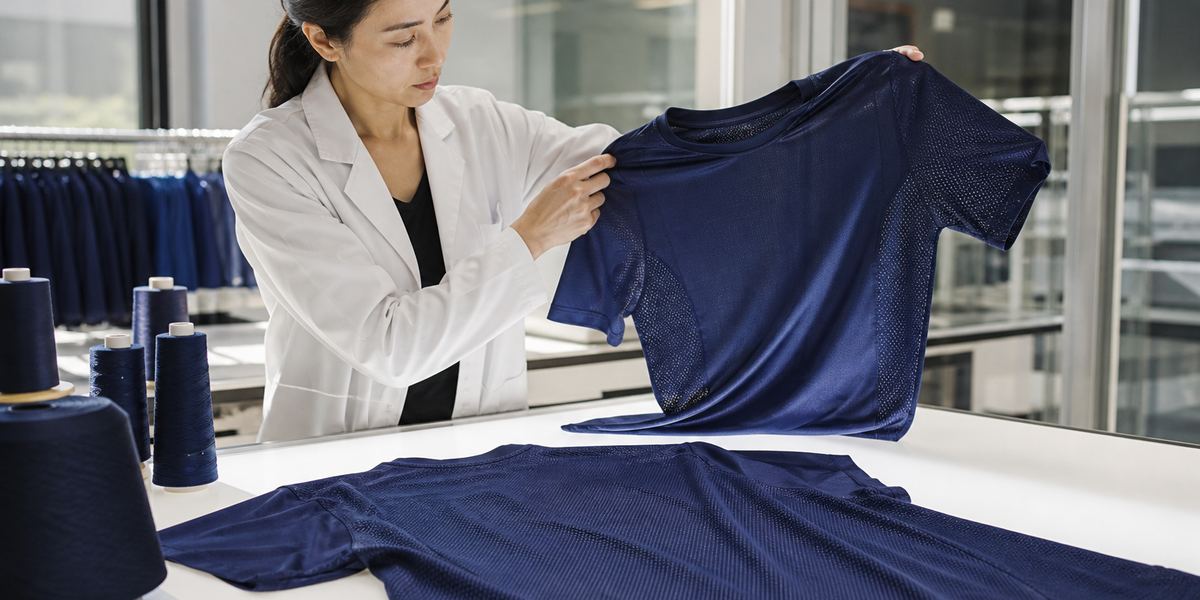 Textile engineer examining the face and back of a soccer jersey knit