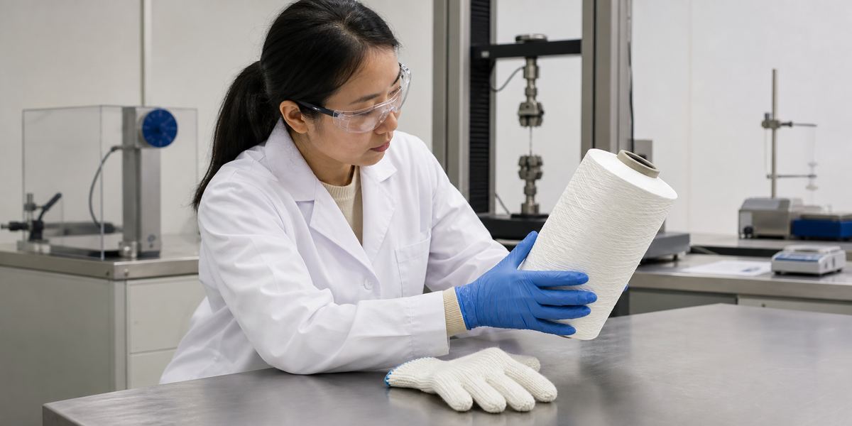 Textile engineer evaluating UHMWPE yarn for cut-resistant glove development