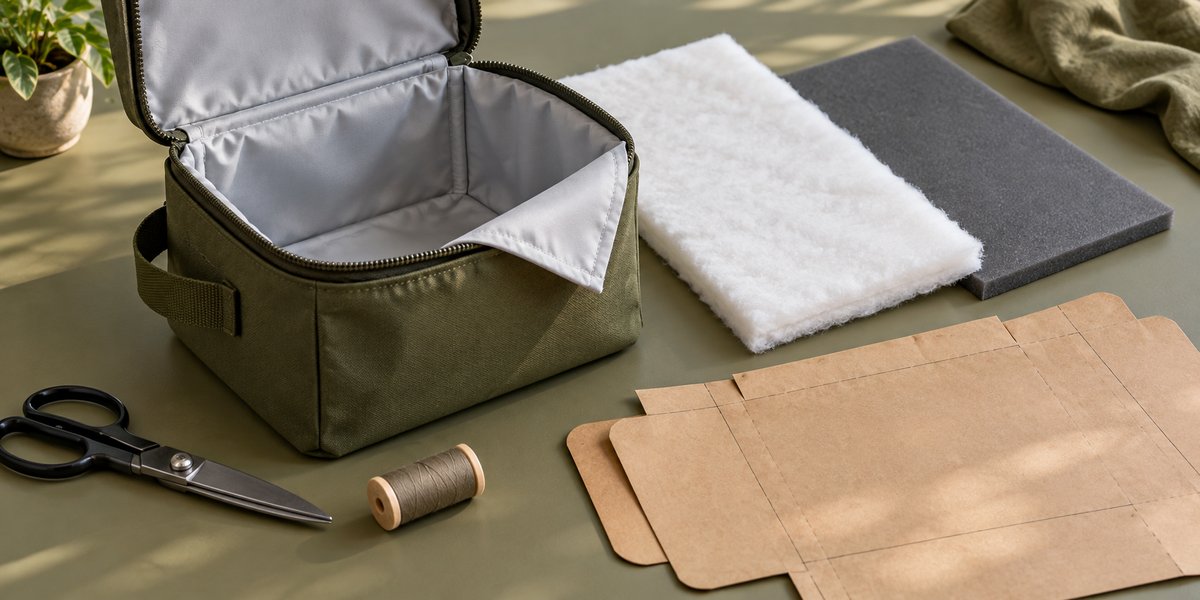 Concept image of an open textile cooler case beside generic padding, foam and a paper panel pattern