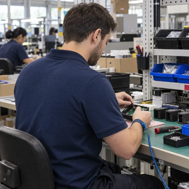 Electronics assembly operator wearing a navy ESD polo at a grounded workbench