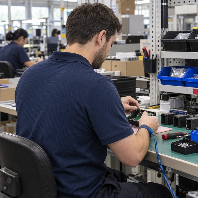 Electronics assembly operator wearing a navy ESD polo at a grounded workbench