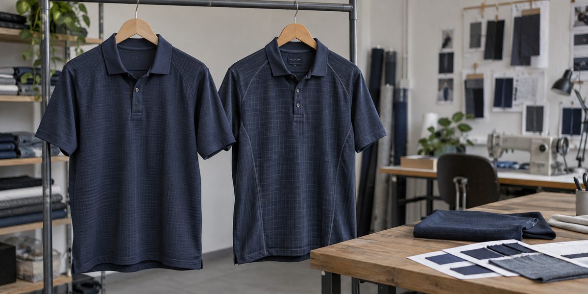 Two ESD polo prototypes with different conductive grid and seam constructions in a sampling studio
