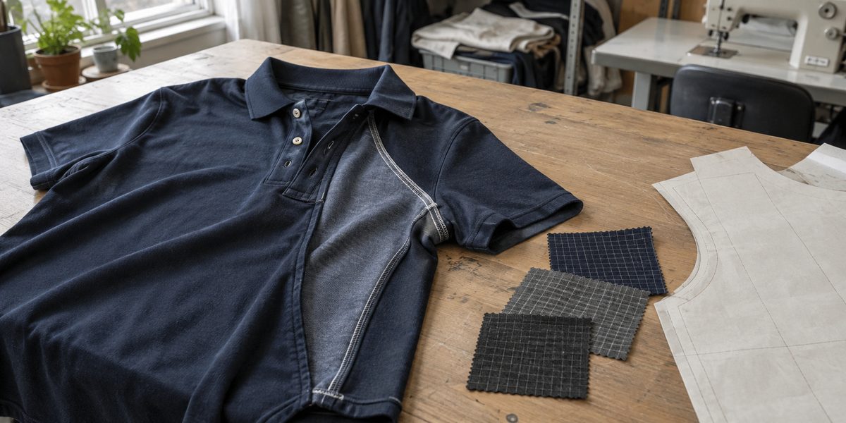 ESD polo turned inside out beside conductive knit swatches and a garment pattern