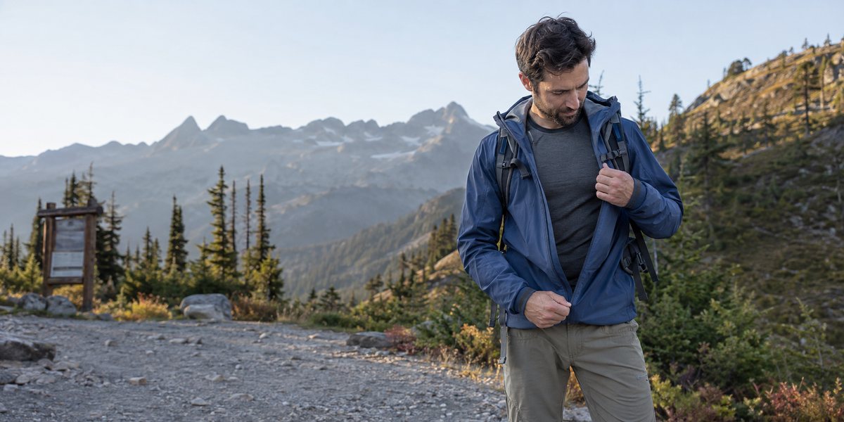 Hiker wearing a charcoal technical base layer beneath a lightweight shell
