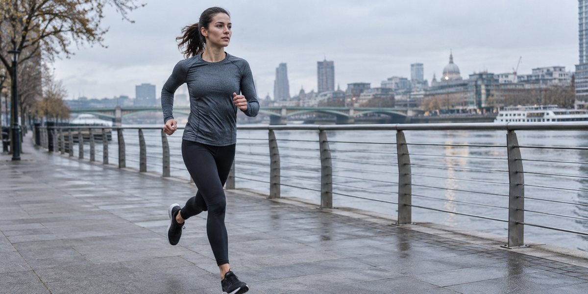 Runner wearing a charcoal technical top in a far-infrared fabric performance apparel concept
