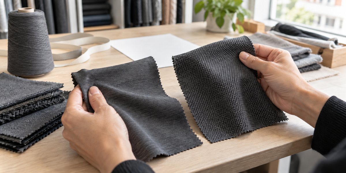 Textile buyer comparing two charcoal knitted performance fabric structures
