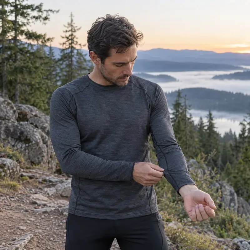 Trail runner wearing a charcoal technical top in a far-infrared performance apparel concept