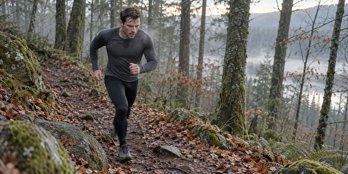 Runner wearing a fitted long-sleeve base layer on a cool-weather woodland trail