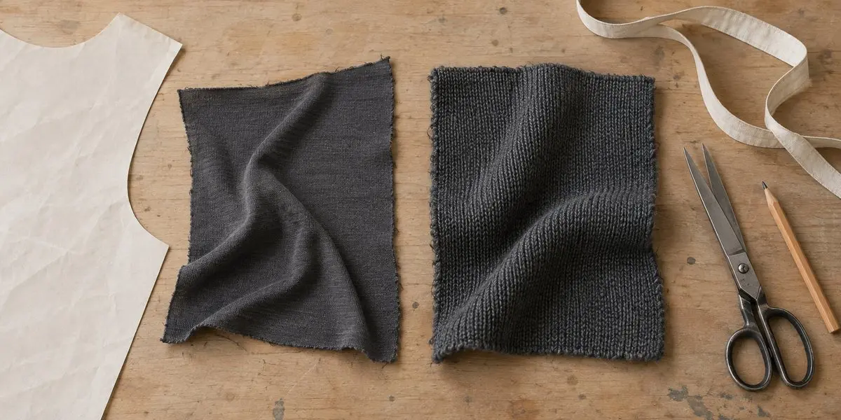 Two grey knitted fabric routes arranged on an apparel development table