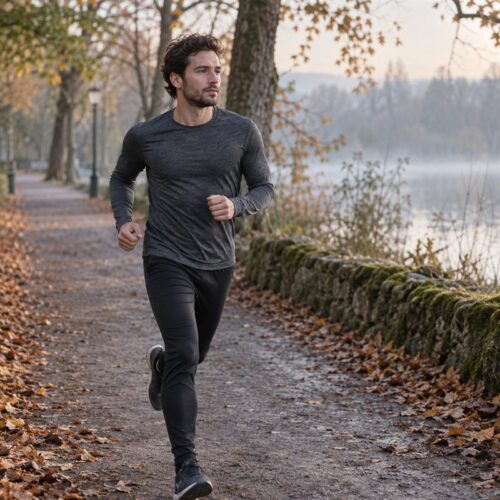 Un corridore con indosso una maglia termica a maniche lunghe aderente corre su un sentiero del parco in una fresca mattinata.