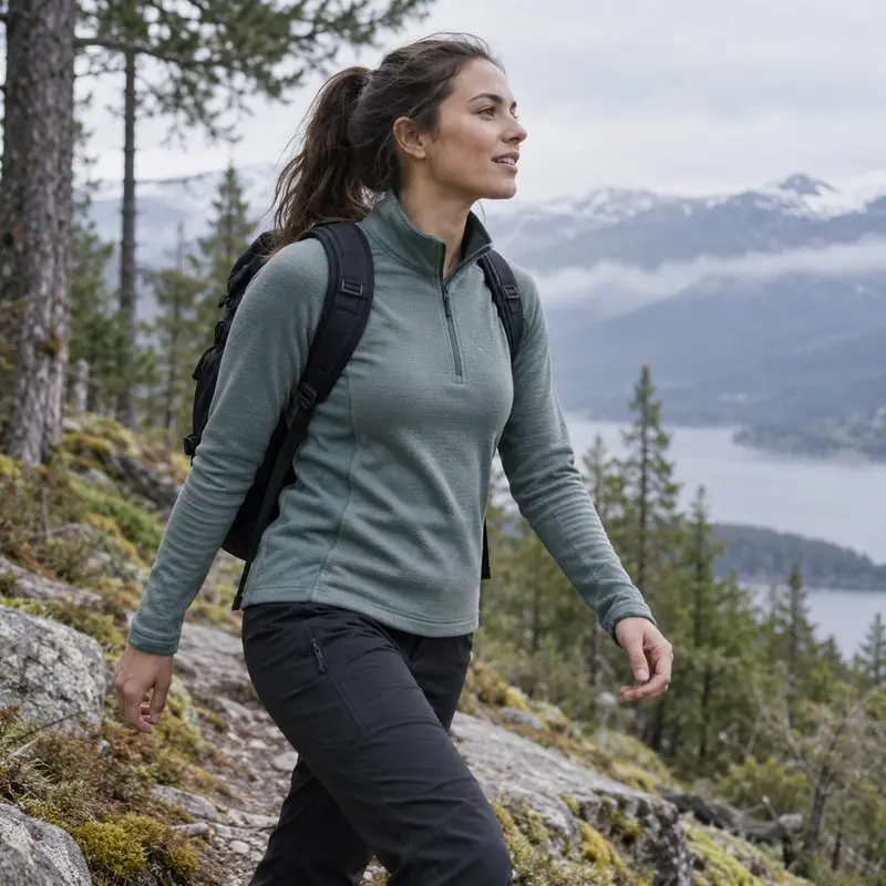 Illustrative hiker wearing a lightweight long-sleeve midlayer on a mountain trail