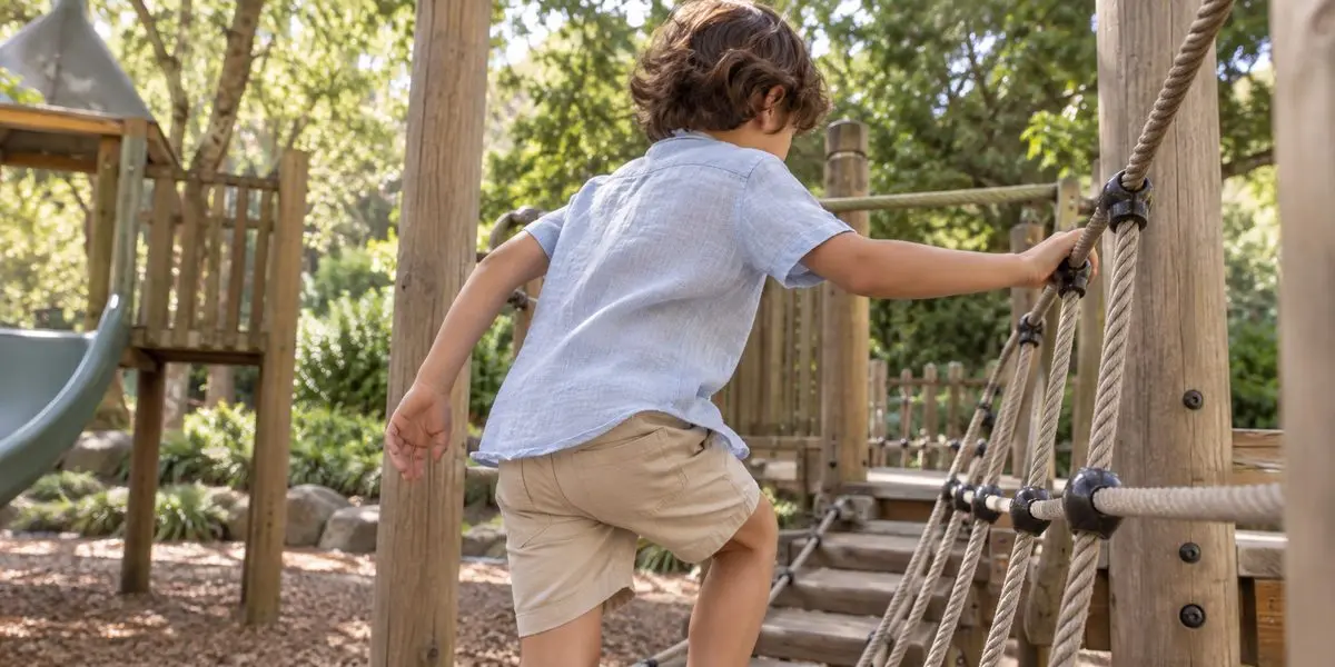 Child wearing a lightweight casual shirt while climbing at a shaded playground