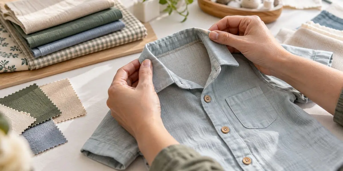 Garment technician reviewing the collar seam and inside surface of a children's shirt prototype