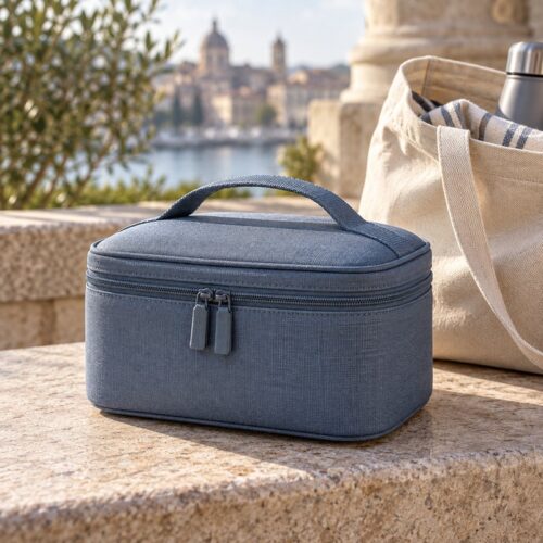 Immagine concettuale di un contenitore termico compatto e senza marchio per medicinali, posizionato accanto a una borsa per uso quotidiano.
