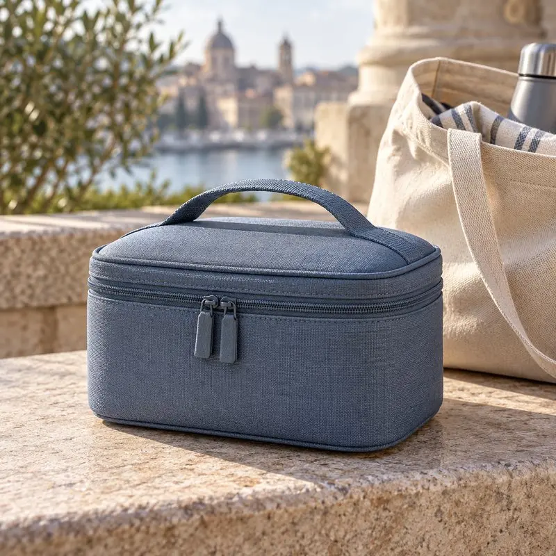 Concept image of a compact unbranded medicine travel cooler beside an everyday carry bag