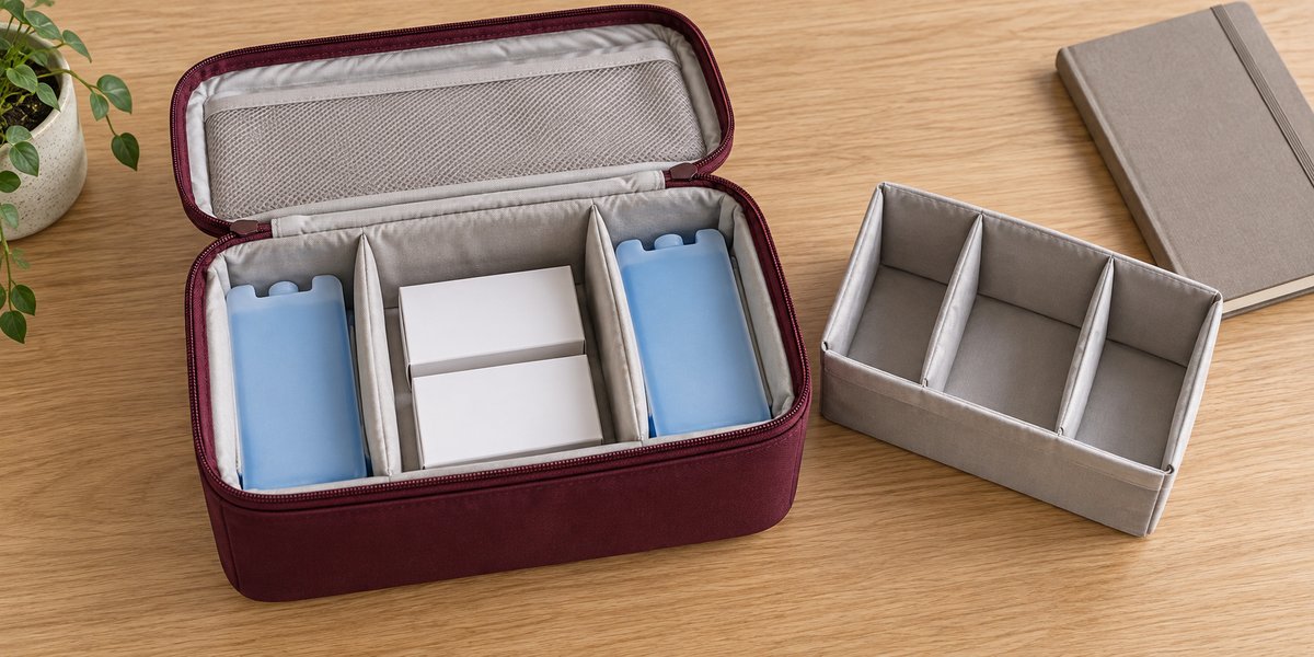 Concept layout of a travel cooler with separate side inserts and blank packaging mockups in a central compartment