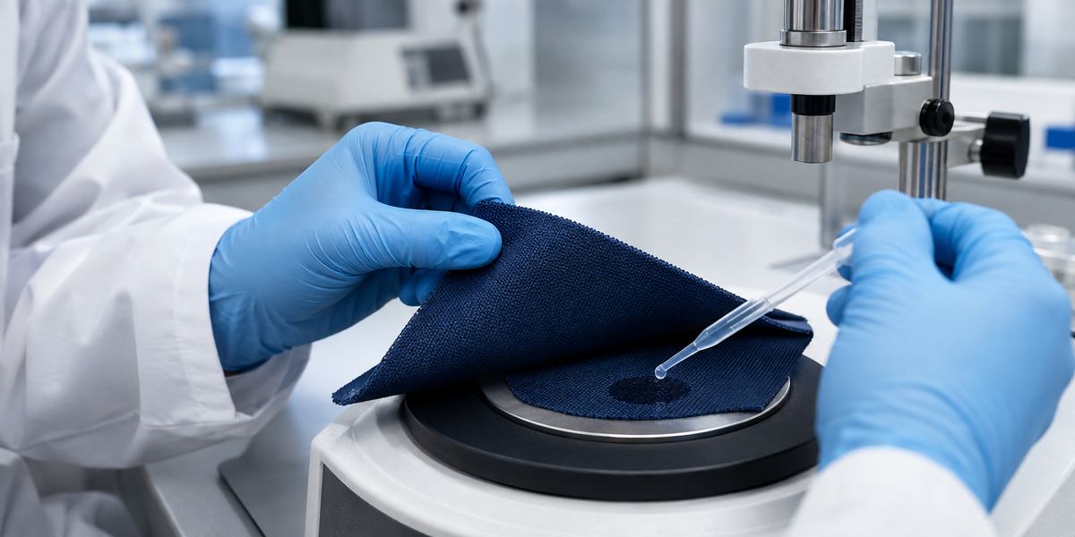 Textile technician evaluating the two faces of a moisture management fabric sample