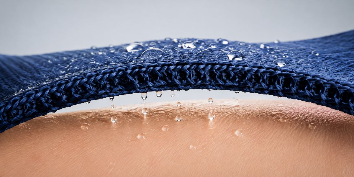 Conceptual close-up of liquid moisture moving from skin toward the outer face of knitted fabric