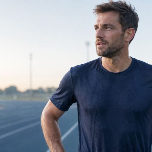 L&auml;ufer tr&auml;gt ein Polyester-Sportshirt, das f&uuml;r den einseitigen Feuchtigkeitstransport entwickelt wurde.