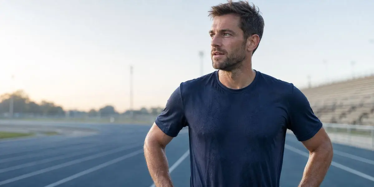 Runner wearing a polyester sports shirt designed for one-way moisture transfer