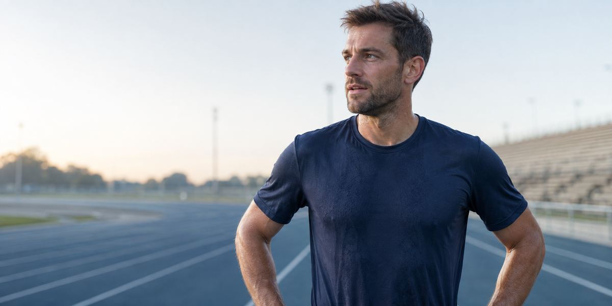 Runner wearing a polyester sports shirt designed for one-way moisture transfer