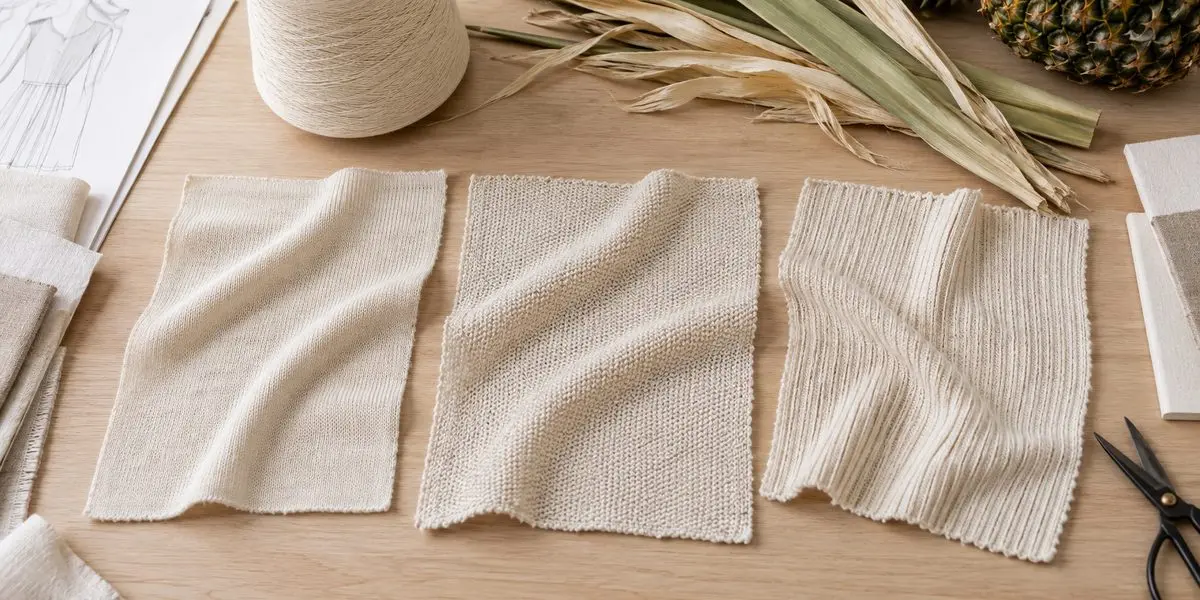 Three undyed knit swatches arranged for a proposed pineapple leaf fiber sample comparison