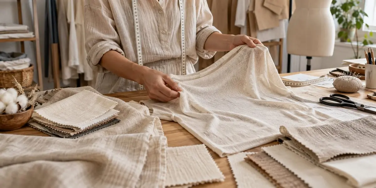 Apparel developer comparing natural fabric swatches for a lightweight casual top