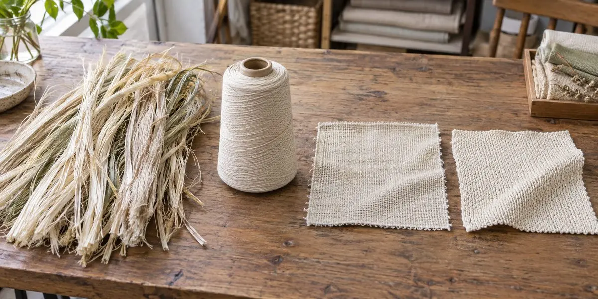 Raw pineapple leaf fiber, spun yarn and textile swatches arranged by material stage