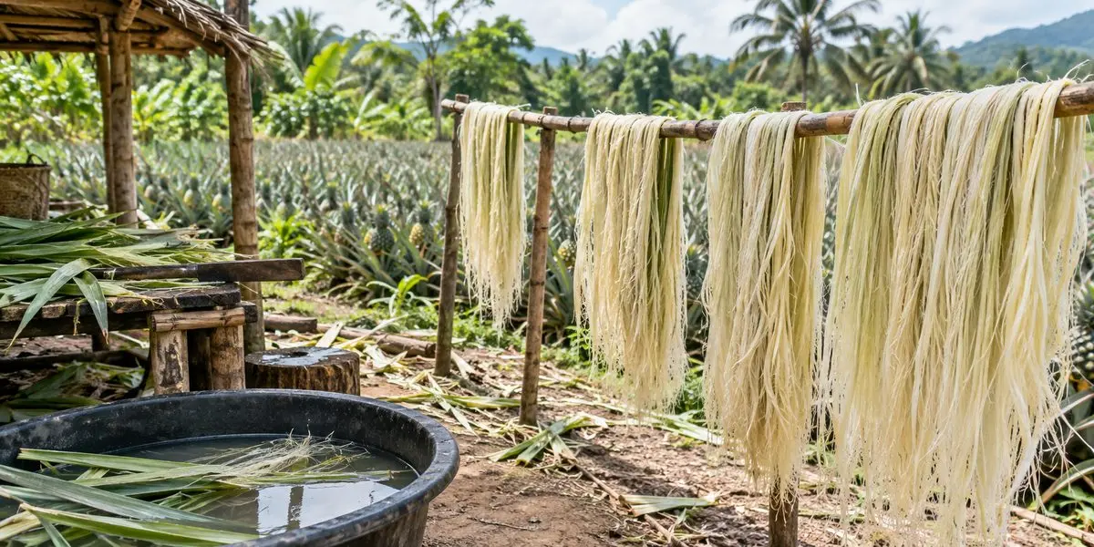 Pineapple leaves and pale extracted leaf fibers drying near a field