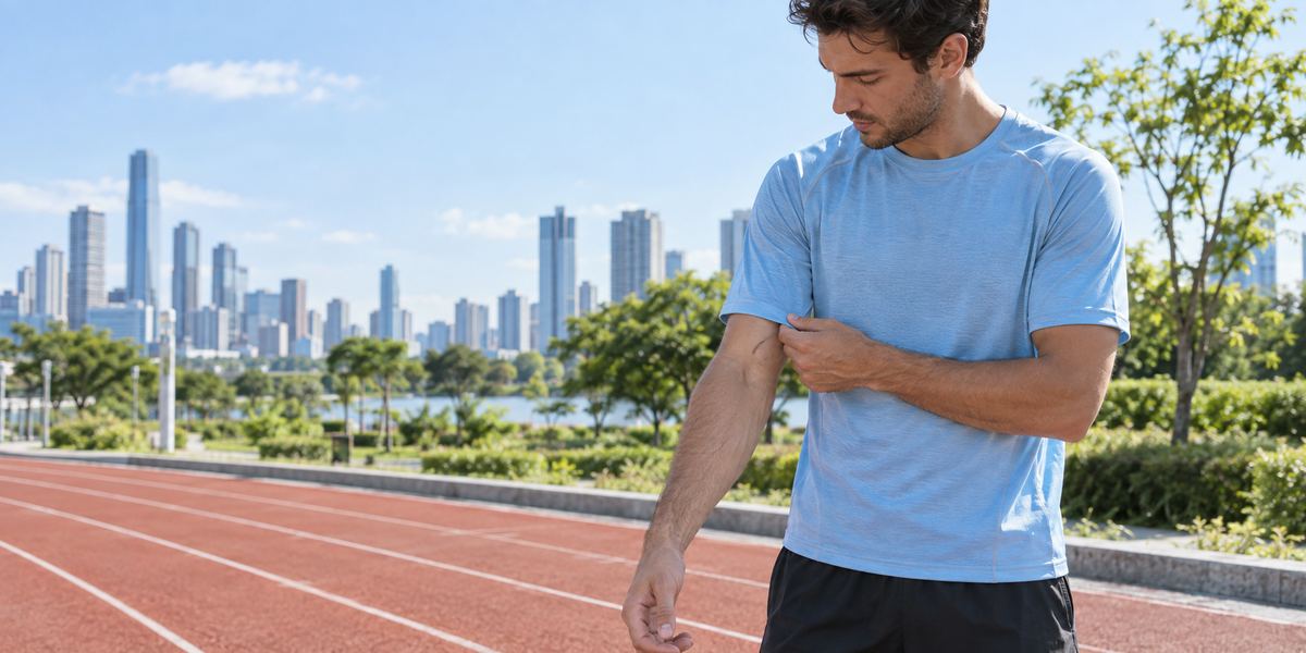 Runner checking the cool touch of a technical athletic shirt before training