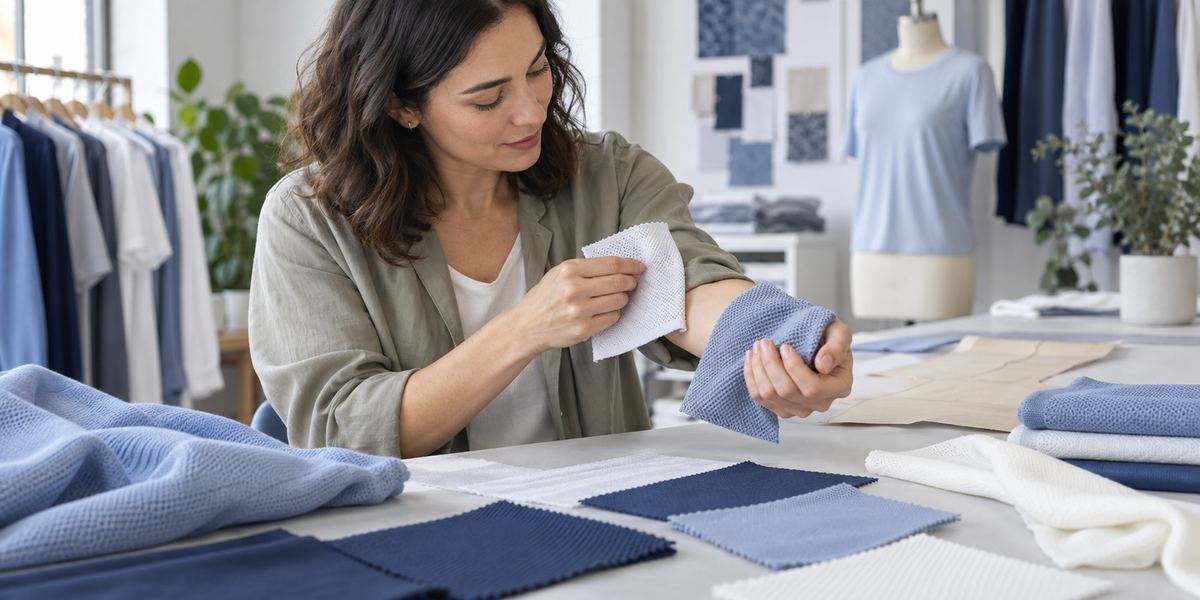 Textile developer comparing cool-touch performance knit swatches against the forearm